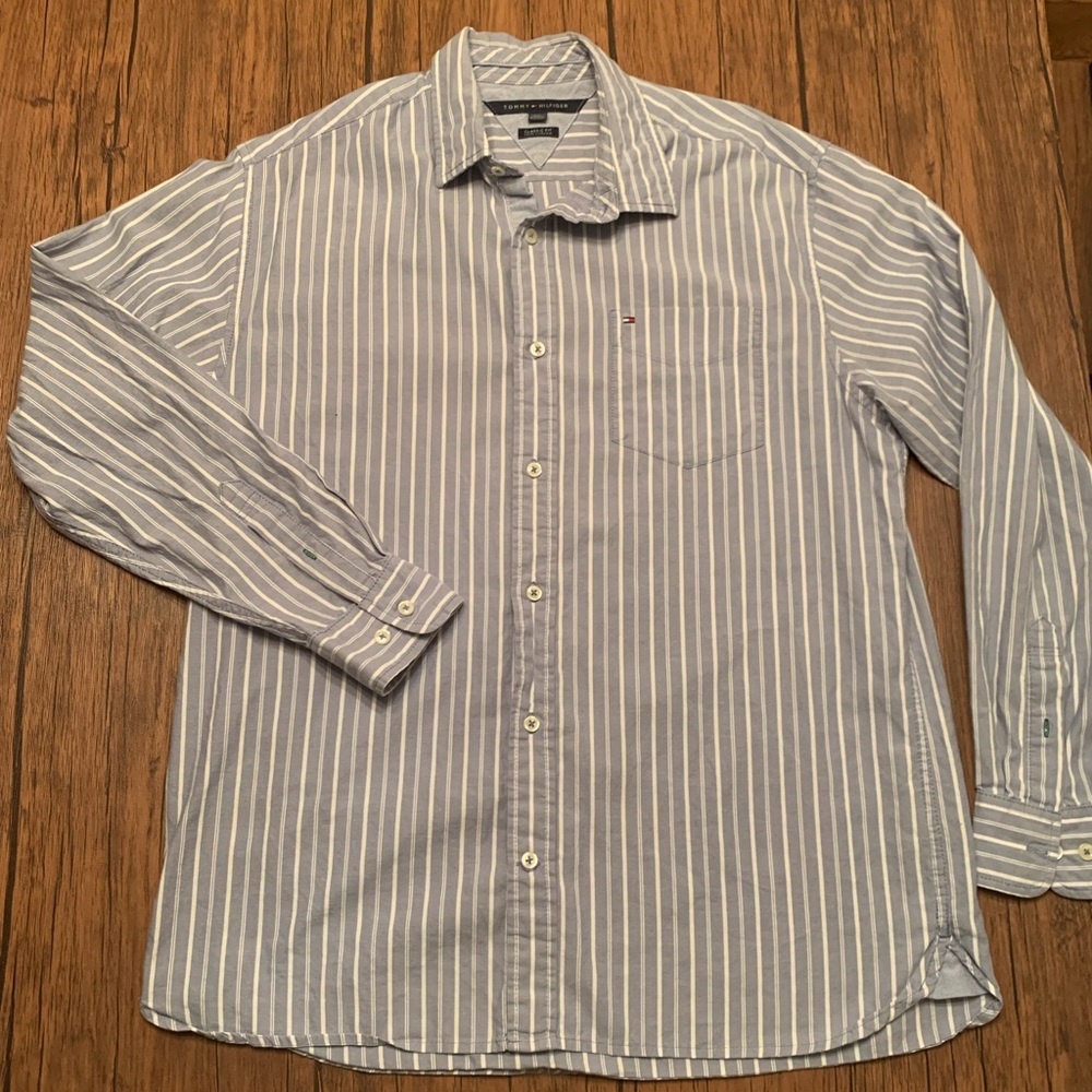 Tommy Hilfiger Men's Blue Striped  Long Sleeve  L
